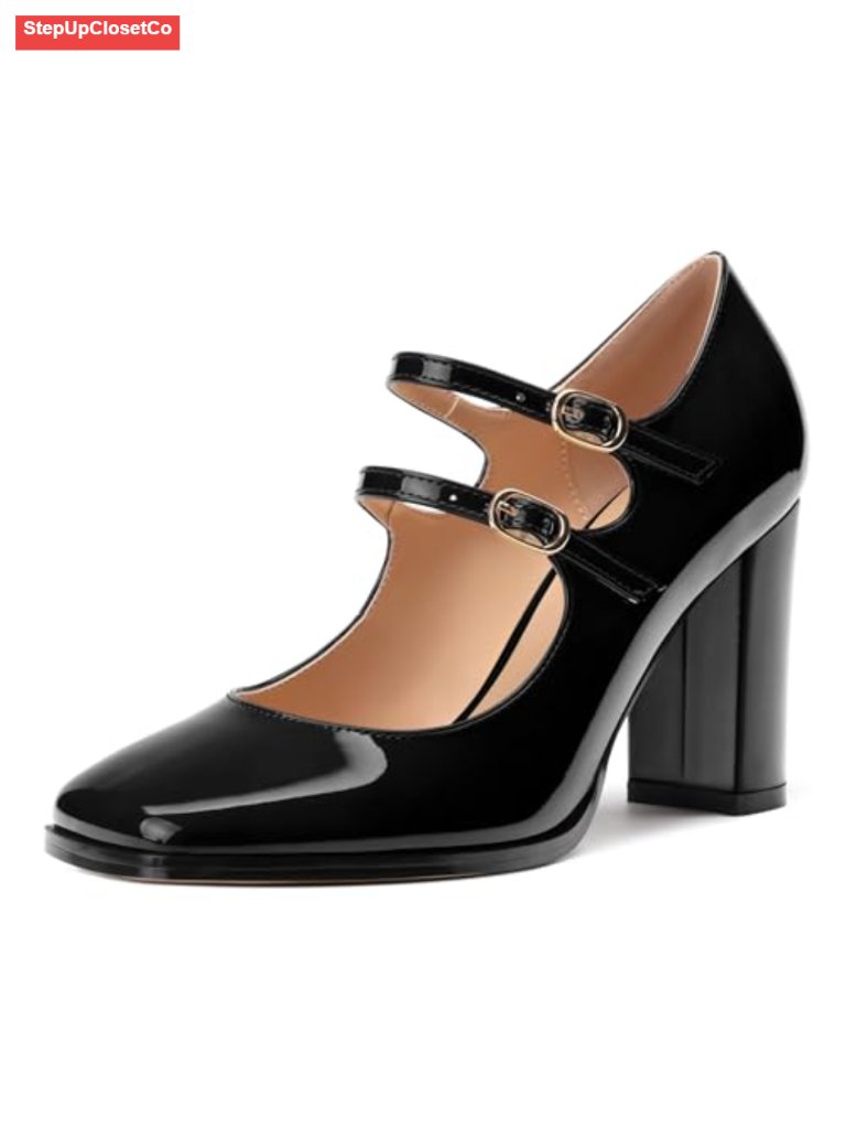 Women's Chunky Heel Mary Jane Pumps, Square Toe Pu Leather Work Party Dress